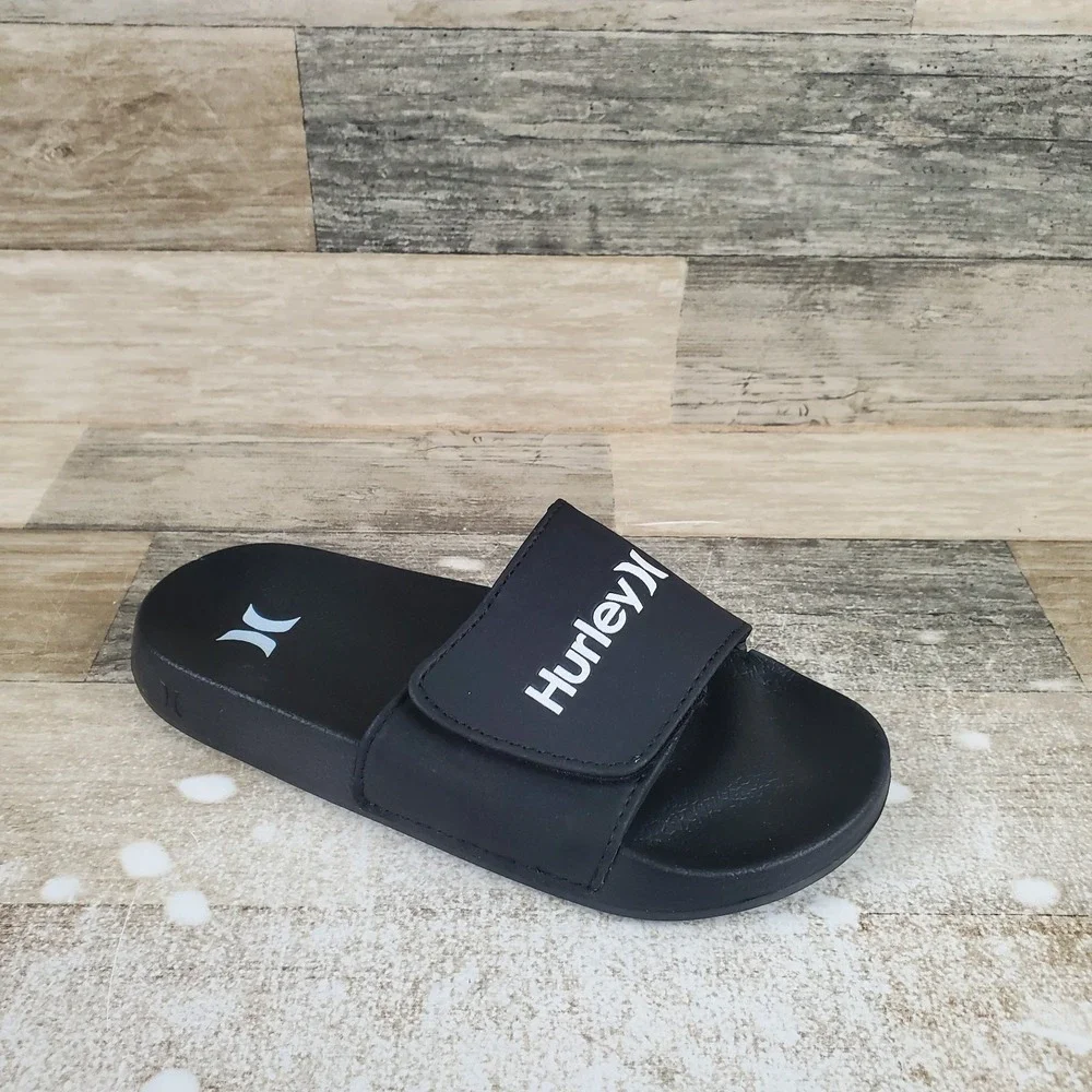 Hurley Naia-V Boys Slide Sandals Sz 4 Black Leather Hook & Loop Open & Round Toe